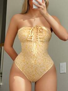 Swim Mod Nuevo traje de baño de una pieza con cordón, textura de tela y lazo, perfecto para vacaciones de verano