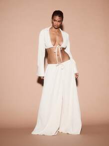 KIZN Wide Leg Resort Palazzo Pants Lightweight Flow Summer Beach Wedding Guest Party Casual Evening Pants With Drawstring Elastic Waist Lounge Pants - White - View 3