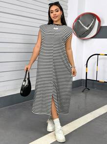 SHEIN Essnce Plus-Size Women's Casual Dress, Padded Shoulder Dress, Right Shoulder Women's Dress,Summer Outfits For Women Graphic Tees Women - Black - View 1