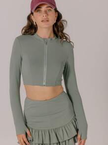 Aralina Minimalist Solid Color Front Zipper Fitted Cropped Athletic Jacket - Olive Green - View 7