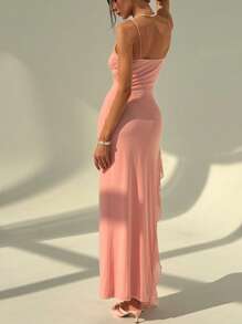 Aloruh Vestido largo de tirantes elegante con decoración floral 3D, parches laterales y dobladillo con volantes, en unicolor - Rosa - Ver 3