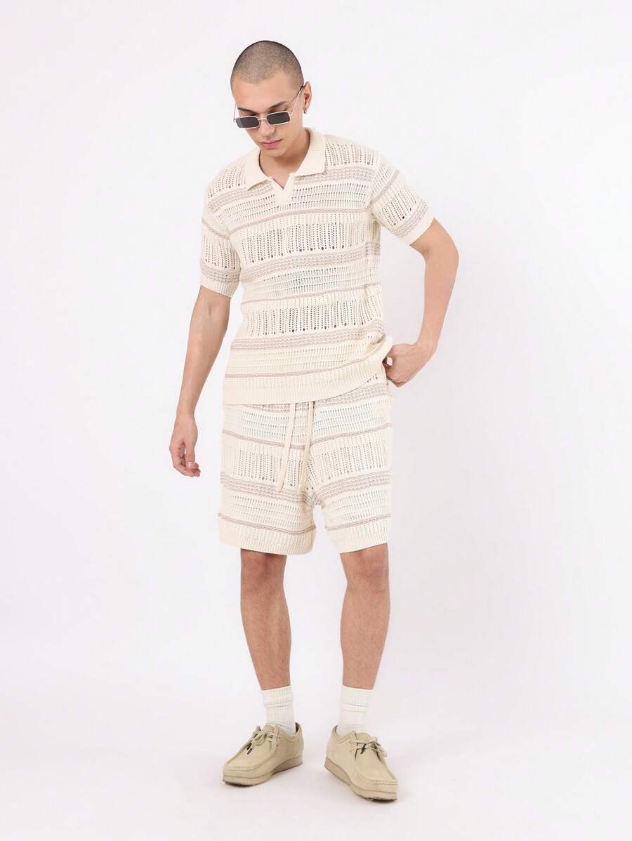 SUMWON Luxury Crochet Pattern Polo Co-Ord Set Knitted Short Sleeve Summer Beach Resort Wear Designer Two-Piece Leisure Outfit Vacation Holiday Casual Wear - Apricot - View 1