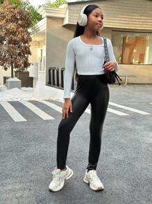 SHEIN Tween Girl Sports Casual PU Leather Elastic Leggings - Black - View 5