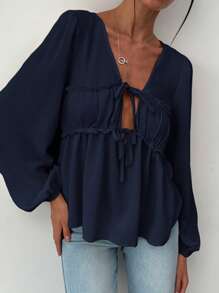 Aloruh Blusa suelta para mujer con cuello en V, mangas abullonadas, acabado con volantes y cierre delantero en nudo, para una cita romántica