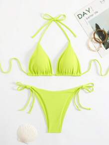 SHEIN Swim 女士两件套泳衣 - 三角形上衣和丁字裤 - 青檸色 - 查看 5