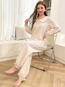 Dream Adore Set de pijamale cu mâneci lungi și pantaloni cu guler Peter Pan din dantelă