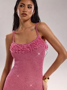 SHEIN BAE Sexy Damen Glitzer Fransen Ausschnitt-Ausschnitt lang anliegendes Bodycon Strickkleid