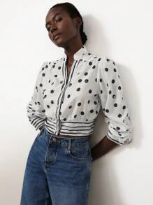 Aveloria Modichic 2025 春夏优雅法式浪漫蓝白撞色水彩波点 V 领条纹拼布修身女士长袖衬衫 - 黑與白 - 查看 1