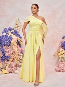 SHEIN Belle 春夏优雅浪漫浅黄色雪纺不对称肩部褶皱垂袖褶皱高开衩A字下摆适合晚餐约会单身派对生日度假返校季毕业礼服婚礼活动伴娘服 - 黃色 - 查看 5