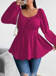 Flirla Plus Size Drawstring & Elastic Waist Front Button Long Sleeve Shirt Peplum Top