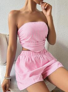 Breezaya Women Striped Ruched Asymmetrical Hem Top And Shorts 2 Pieces Set - Pink - View 5