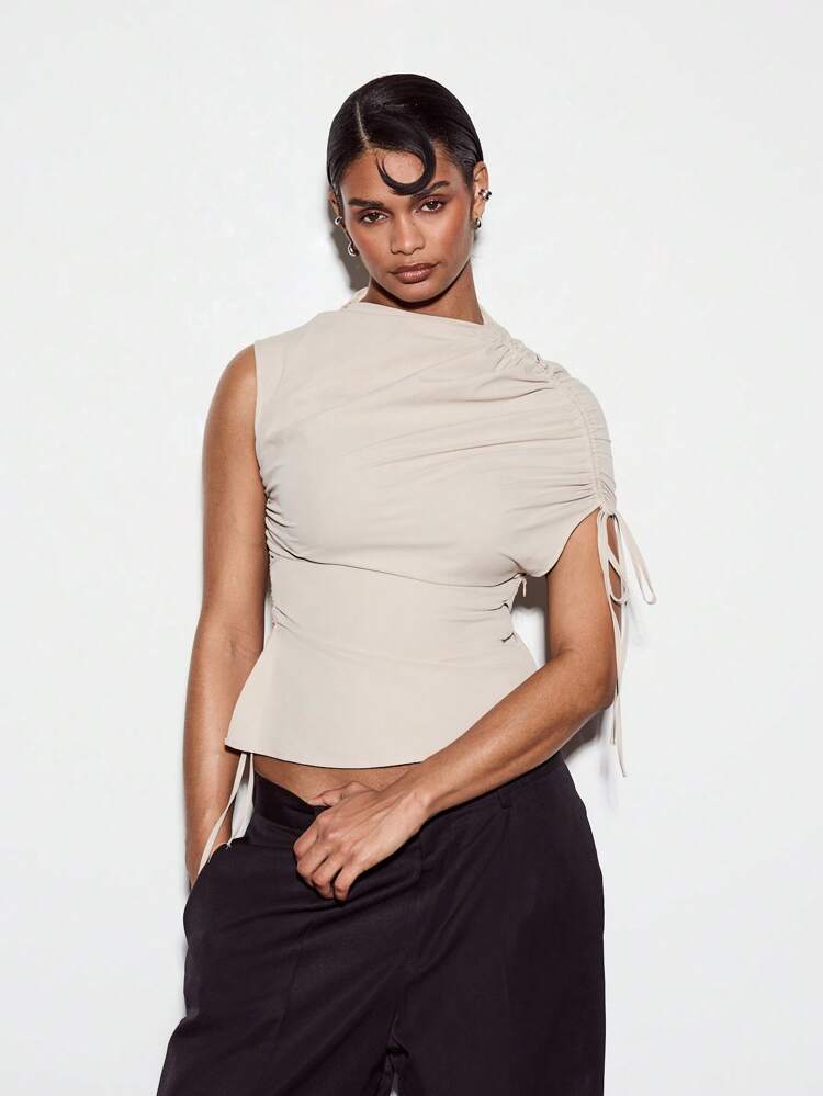 KIZN High Neck Asymmetric Drape Tie Detail Top