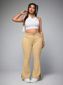 SHEIN EZwear Plus Size Casual Solid Color Flared Split Hem Bootcut Jeans - Khaki - View 5