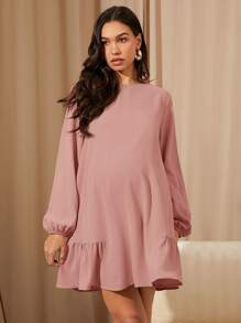 MaterniWear 女士休闲宽松长袖卡其色连衣裙、秋季短裙、秋冬女装、办公室服装、工作服、返校节服装、教师服装、孕妇装 - 粉色 - 查看 5