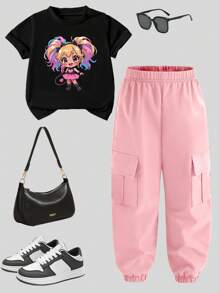 SHEIN Cartoon Character Print Round Neck Short Sleeve T-Shirt And Cargo Pants Casual Outfit For Young Girl - Multicolor - View 2