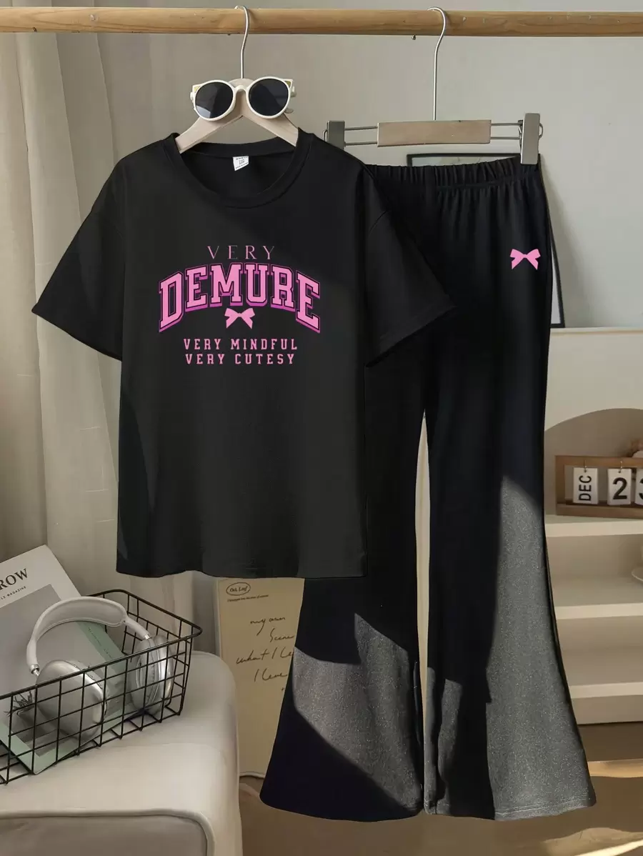 Tween Girl Very Demure Bow Print Round Neck Short Sleeve T-Shirt And Knitted Flare Pants 2 Pieces Set Y2K Style - Black - View 1