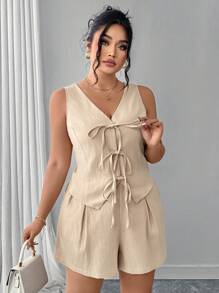 SHEIN Clasi Conjunto de 2 piezas de talla grande con top de tirantes de unicolor con cordón y shorts - Albaricoque - Ver 6