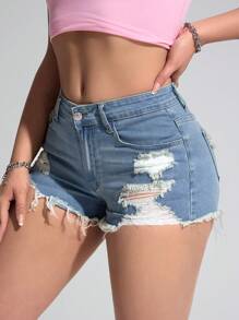 SHEIN ICON Casual Distressed Frayed Hem Denim Shorts