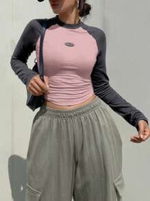DAZY Women's Colorblock Letter Applique Long Sleeve T-Shirt, Spring & Summer - Pink - View 2