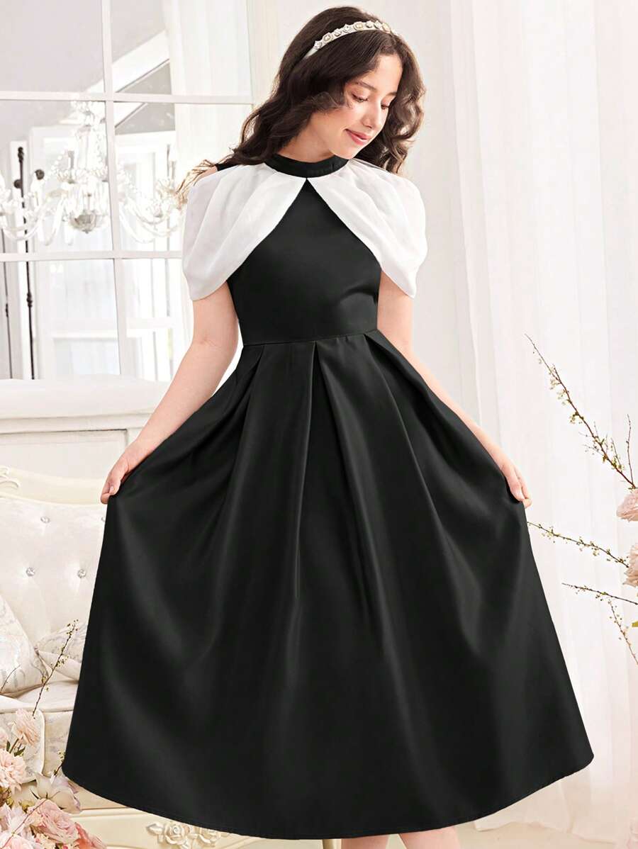 SHEIN Teen Girl Satin Stand Collar Waist-Hugging A-Line Colorblock Dress With Cap Sleeves Graduation Dress - Black - View 1