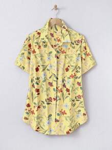SHEIN RusticEase Camisa casual y suelta de manga corta con botones, apropiada para el verano
