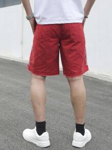 Manfinity Homme Men's Casual Red Embroidered Athletic Denim Shorts - Red - View 2