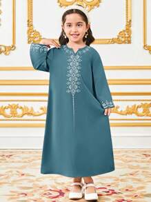 SHEIN Leap Crew Young Girl National Pattern Long Robe - Green - View 5
