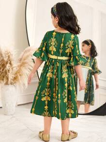 DRMZ Young Girl Chiffon Floral Splice Round Neck Snug Fit Dress - Green - View 2