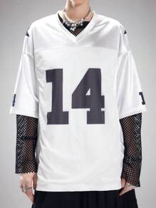 SHEIN EZwear Women's Spring And Summer For Going Out Concert Streetwear Vintage Number Pattern Graphics Baseball Jersey White V-Neck T-Shirt - White - View 7