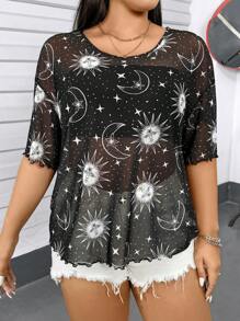 SHEIN Essnce Plus-Size Women's Casual Tops, See-Through Smocks, Women's Out Tops,Summer For Women Beachwear Vacation Woman,Graphic Tees Women Graphic Tees Cute Tops,Goth,Country Concert Cute Summer Tops - Black - View 6