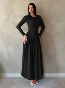 SHEIN Tall 荷葉邊下擺長袖洋裝，女款簡約時尚純色修身夏季長洋裝，適合高個女性 - 黑色 - 查看 3