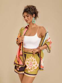 Travachic Plus Size Women's Holiday Casual Tropical Bohemian Fruit & Plant Printed Asymmetrical Short Sleeve Shirt Top + Beach Shorts 2pcs Set,Holiday Outfits Boho