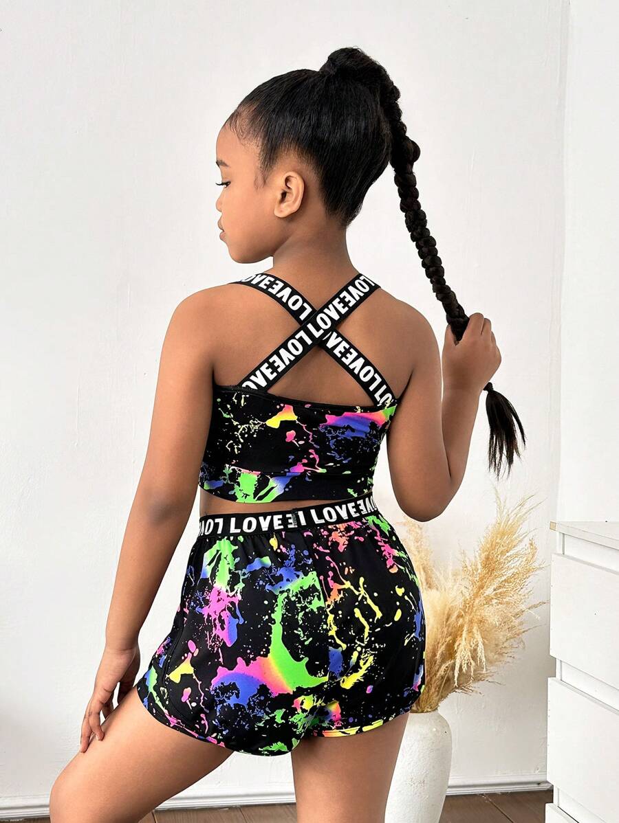 SHEIN Tween Girls Casual Round Neck Sleeveless Sports Suit, Fashionable - Black - View 1