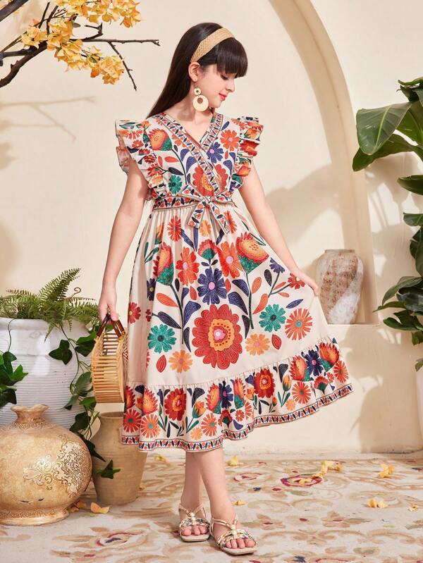 Vestido con cuello en V, volantes, estampado floral y cintura con lazo para niñas preadolescentes en estilo navideño