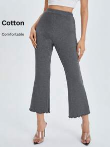 SHEIN PETITE Lettuce Trim Rib-knit Flare Leg Trousers - Dark Grey - View 1