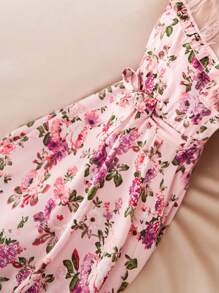 SHEIN Vestido midi entallado con lindo diseño de encaje y detalle de cuello con volantes para niña preadolescente - Rosa - Ver 4