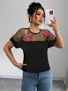 Elenzga Embroidered Floral Mesh Patchwork Casual Short Sleeve T-Shirt, Suitable For Daily Wear - Black - View 3