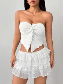 SHEIN PETITE Áo ba lỗ dệt kim họa tiết màu mơ cho kỳ nghỉ của phụ nữ với viền xoắn bất đối xứng - trắng - Xem 8