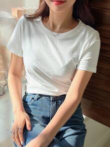 DAZY Solid Round Neck Tee - White - View 8