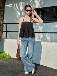 Women's Ruffled Strap Fitted Tank Top, Sexy & Slimming, Summer - Black - View 4