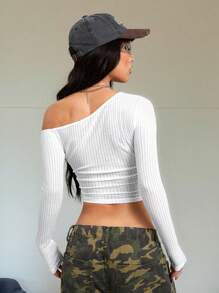 SHEIN EZwear Blusa de manga larga con cuello asimétrico, tejida, elástica y cómoda, para uso diario y salidas nocturnas, para mujer en primavera y verano - Blanco - Ver 5