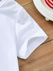 Young Girl' Casual Blue & White Porcelain Bow, Cartoon Rabbit Print Short Sleeve Crew Neck T-Shirt, Suitable For Holidays, Vacations And Daily Wear, (Sold Separately, 1 Piece)