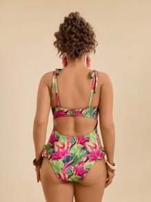 Travachic Plus Size Tropical Floral Print Colorful Shoulder Tie Strap Princess Style One-Piece Swimsuit With Ruffle Hem, Slimming