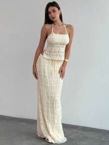 Aloruh 2 件套女士优雅纯色纹理露背吊带上衣和裙子