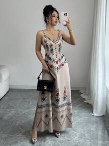 Rafferiza Váy Maxi Chữ A In Hoa Cổ Chữ V Bằng Vải Lanh Cho Nữ, Phong Cách Ngày Lễ Cho Mùa Xuân Và Mùa Hè - Màu be - Xem 1