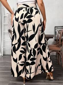 Flirla 大码女式优雅休闲宽松法式花卉印花松紧腰阔腿裤，前褶设计，适合工作和度假
