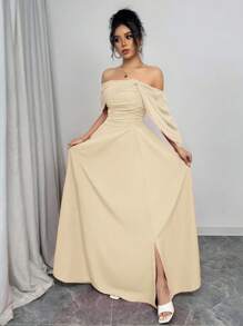 Rafferiza 女式露肩褶皱领扭腰连衣裙，配全裙 - 杏色 - 查看 6