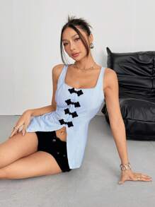 SHEIN Unity 法式设计时尚百搭女士蝴蝶结无袖条纹衬衫背心 - 藍色 - 查看 4