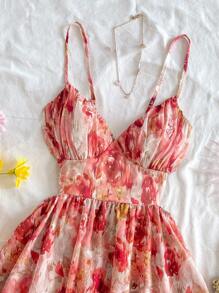 Soleia 女士夏季浪漫粉色花朵印花雪纺褶皱露背双层 A 字迷你连衣裙，适合派对、约会、情人节、下午茶、春季