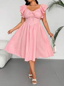 Sunnyshic Vestido elegante y retro para fiesta en la playa, de talla grande, con escote cuadrado, lazo tipo mariposa, mangas de doble volante y tela texturizada